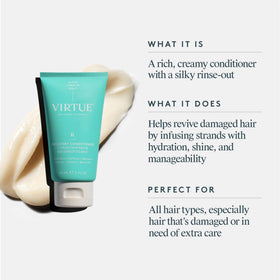 VIRTUE label and pump detail emphasizing keratin formula and easy dispensing