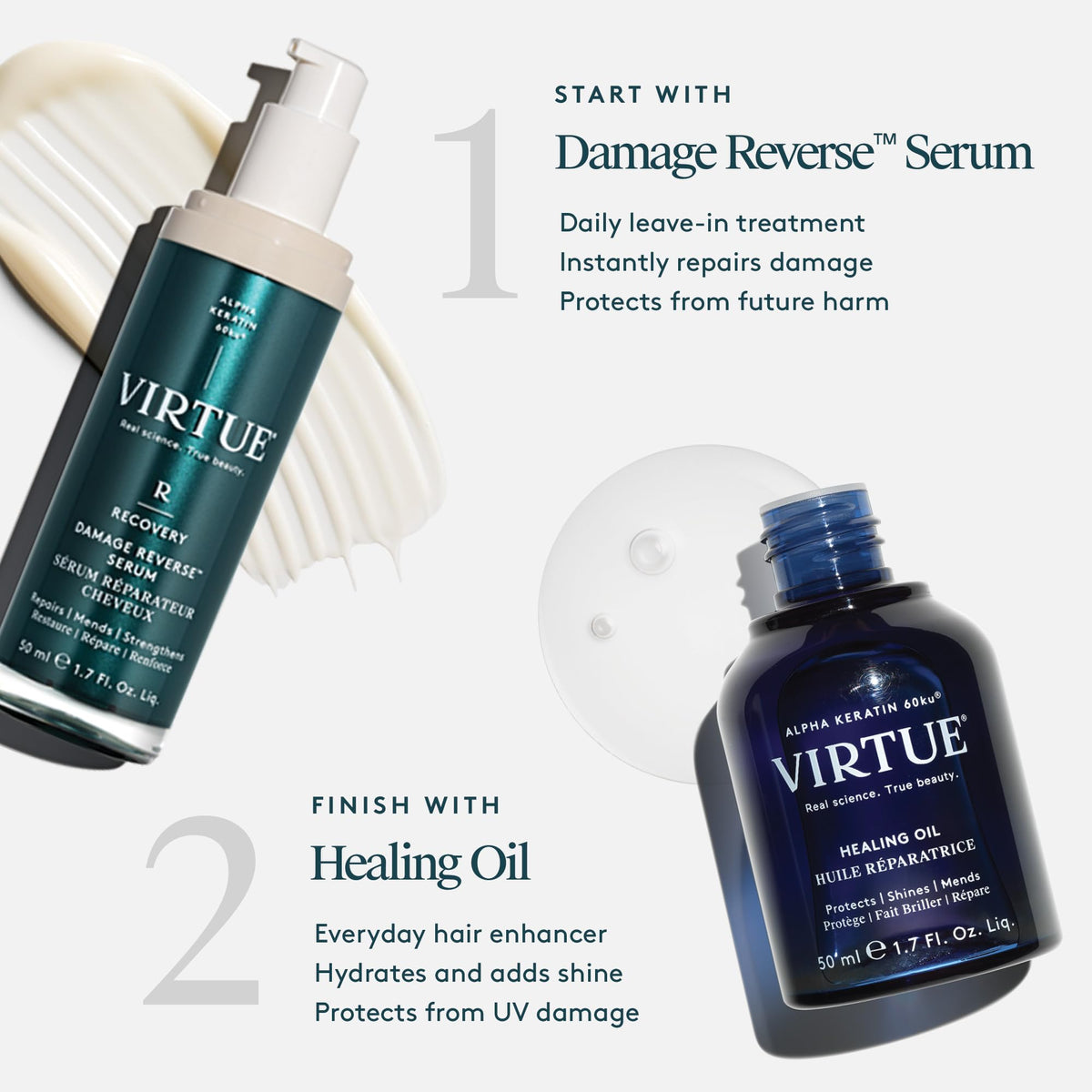 VIRTUE serum on hand illustrating silky slip and detangling benefit