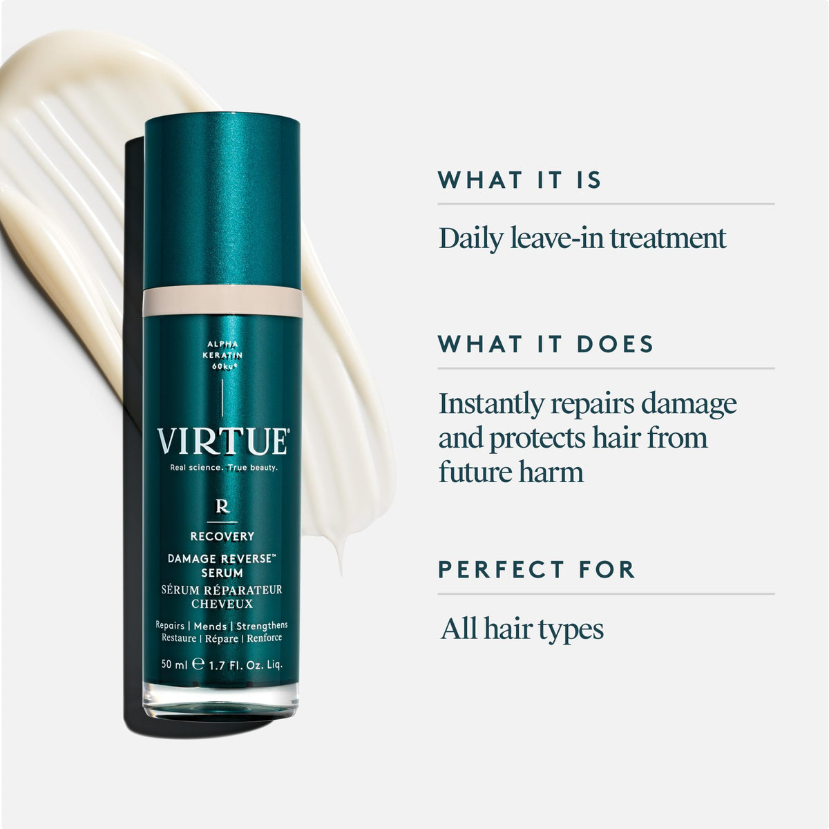 VIRTUE pump and texture detail highlighting easy dispensing and quick absorption
