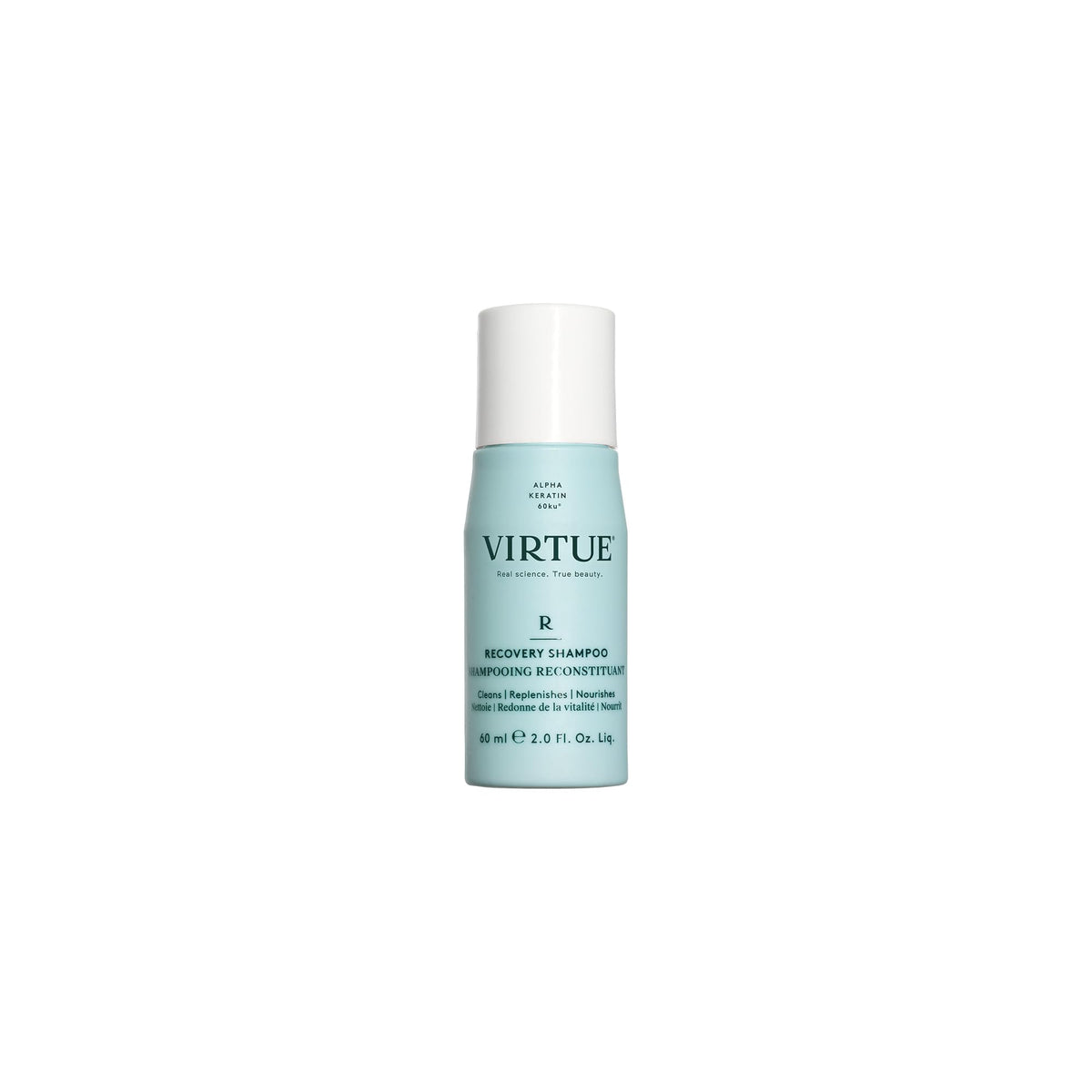 VIRTUE bottle front view showing label and restorative benefits