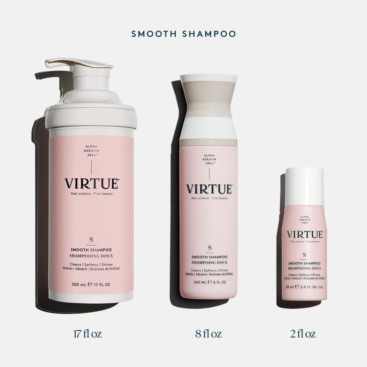 VIRTUE shampoo dispensed in shower showing easy application and rinseability