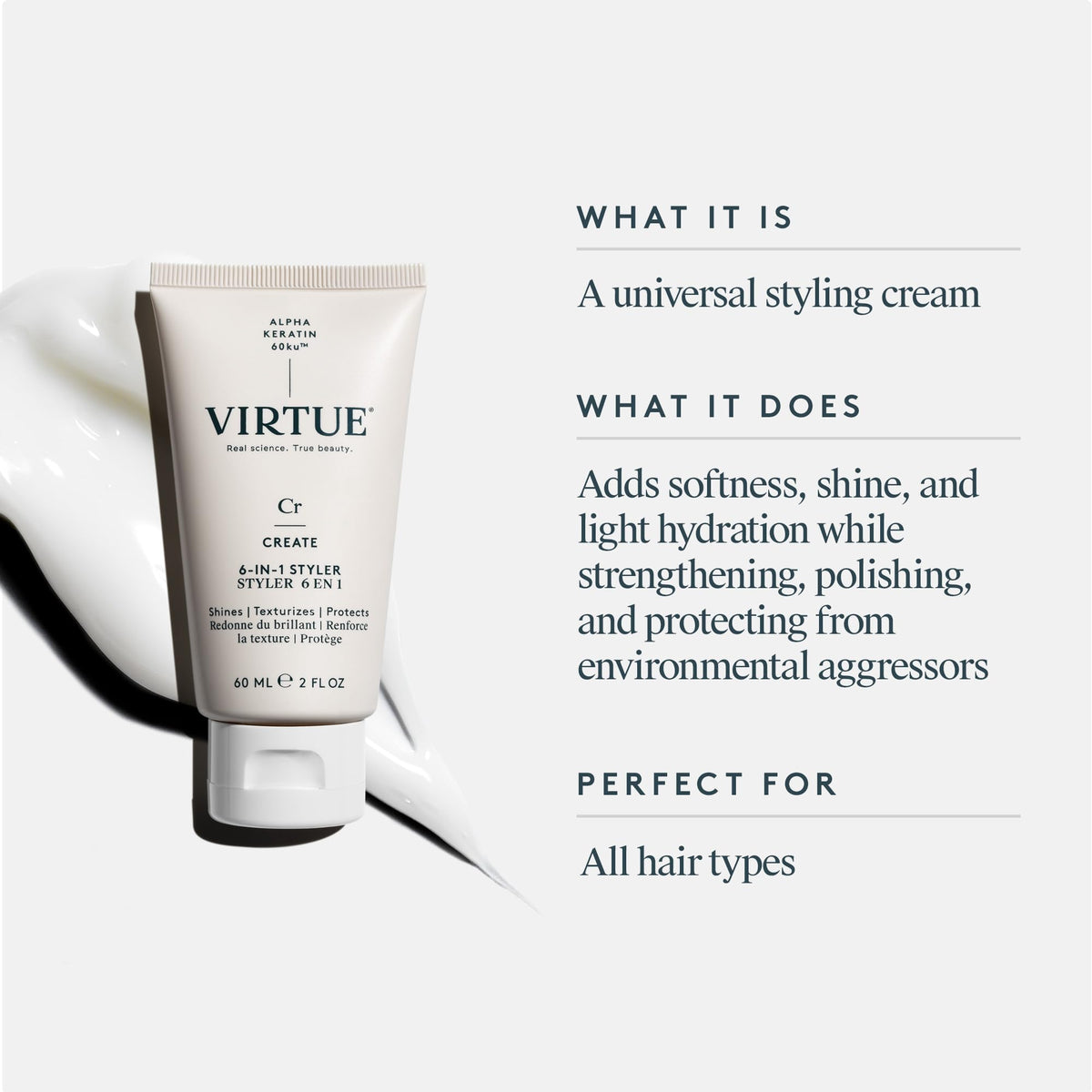 VIRTUE cream texture close-up highlighting lightweight, non-greasy finish