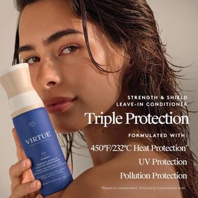 VIRTUE bottle in a travel bag with styling tools highlighting on-the-go protection