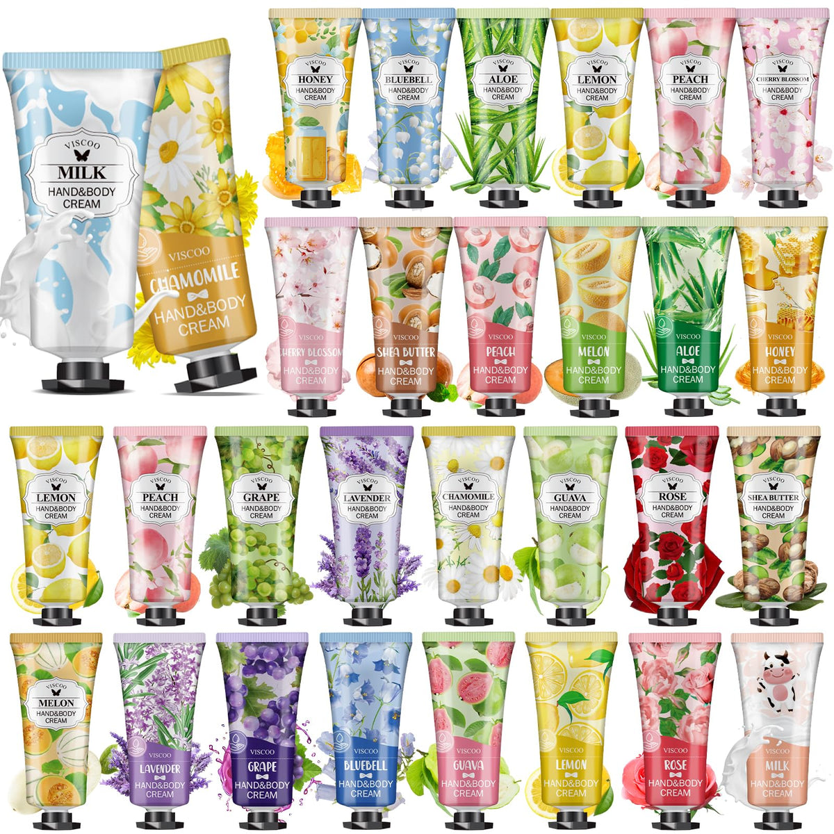 VISCOO front pack display showing 28 mini hand creams and variety benefit