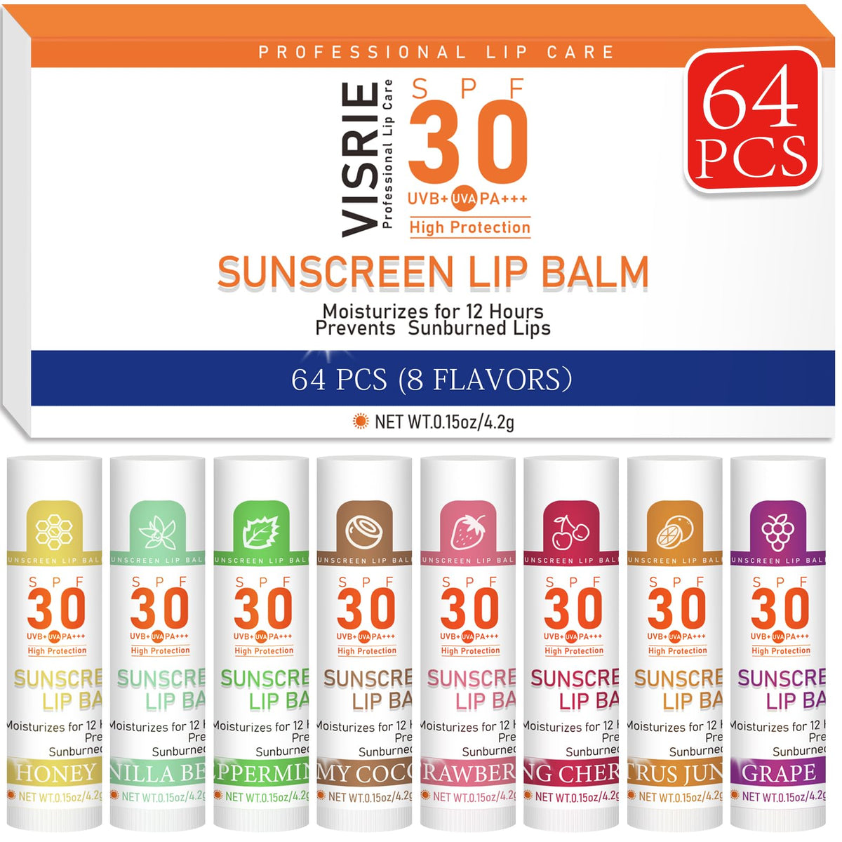 VISRIE front packaging showing SPF 30 and bulk count, convenient for group use