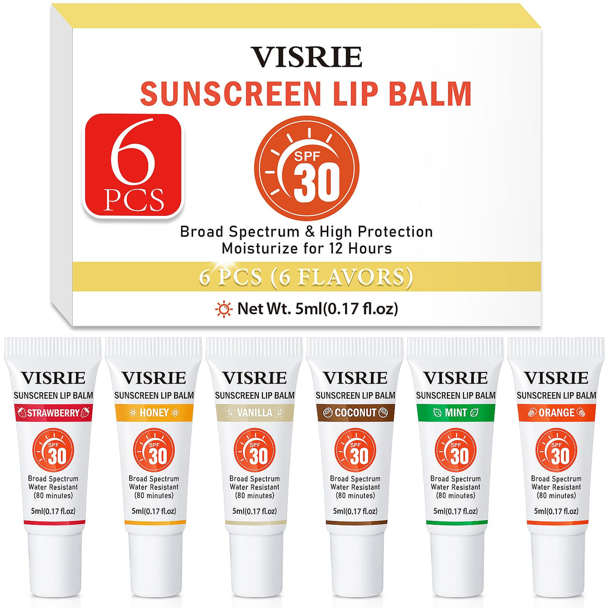 VISRIE front packaging showing six clear SPF lip tubes and benefits