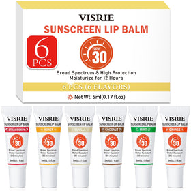 VISRIE front packaging showing six clear SPF lip tubes and benefits