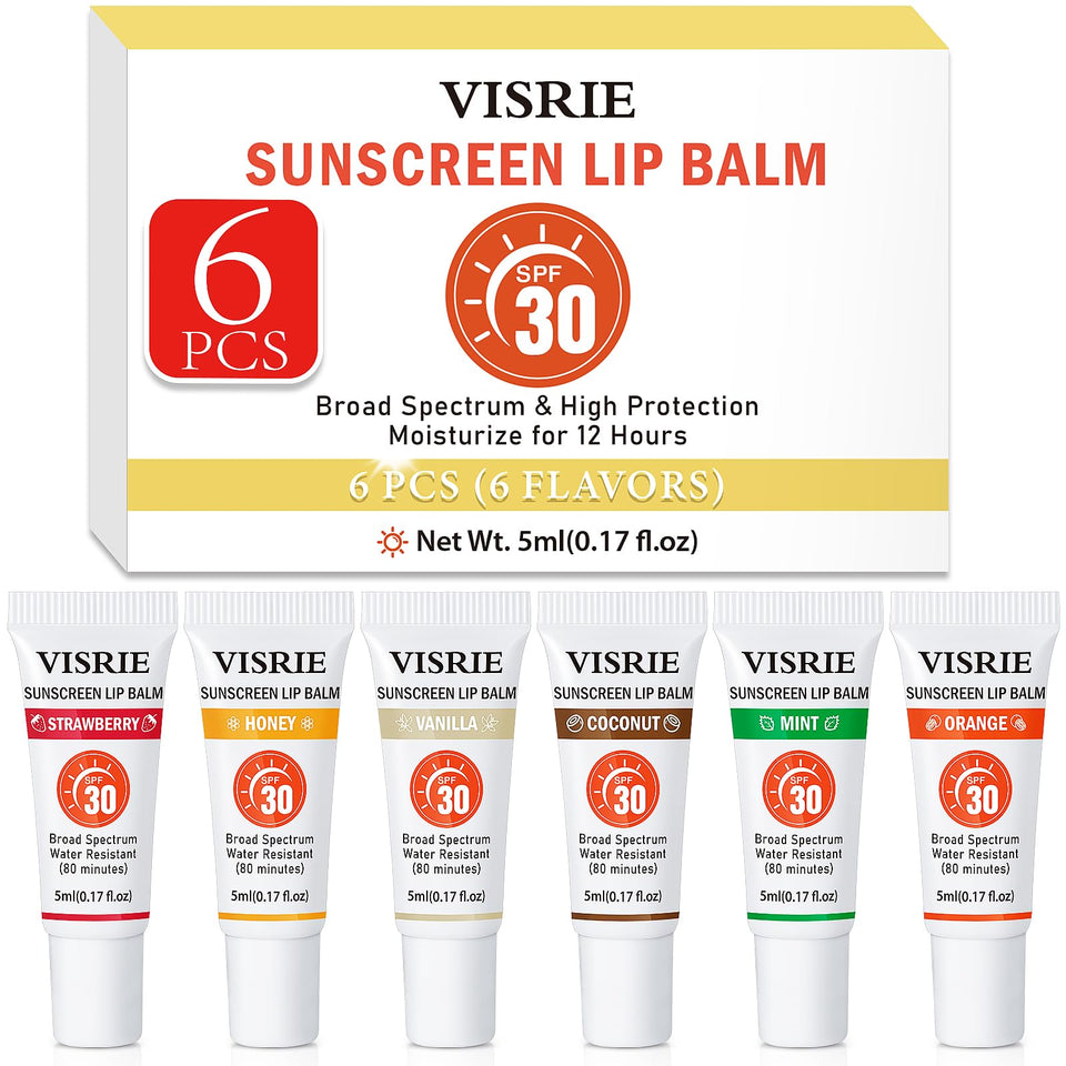 VISRIE front packaging showing six clear SPF lip tubes and benefits