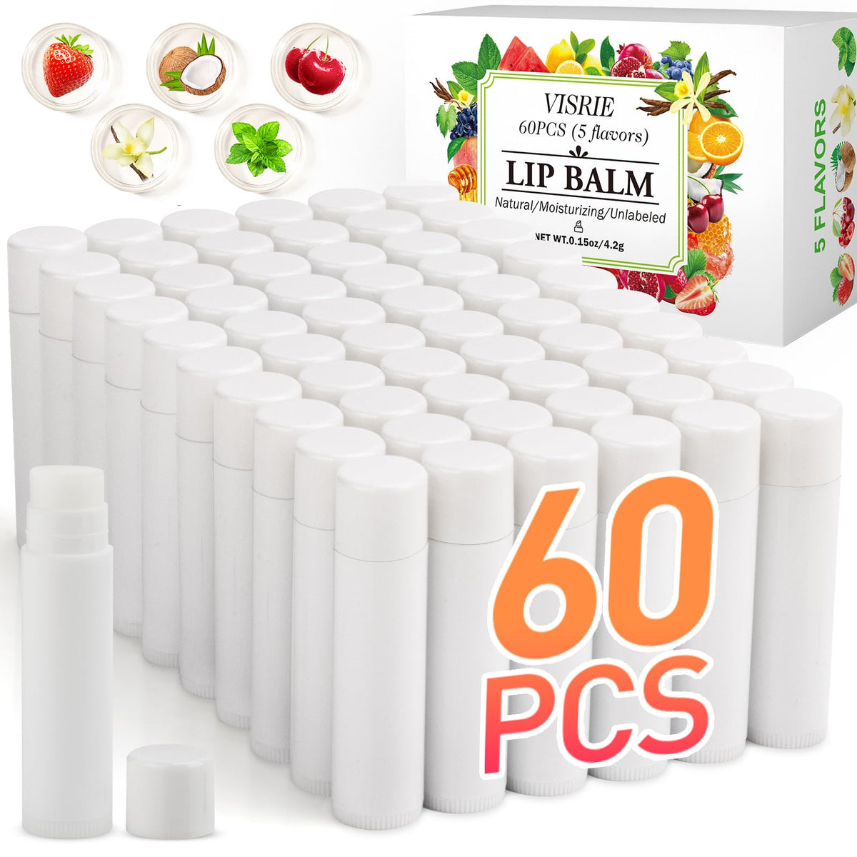 VISRIE front packaging showing 60 unlabeled lip balm tubes for easy gifting
