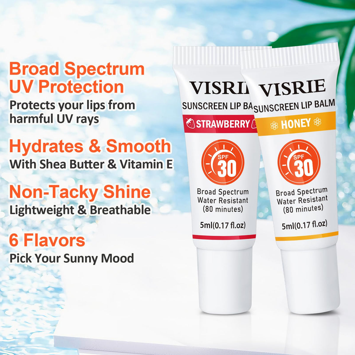 VISRIE texture close-up of glossy clear balm with moisturizing sheen