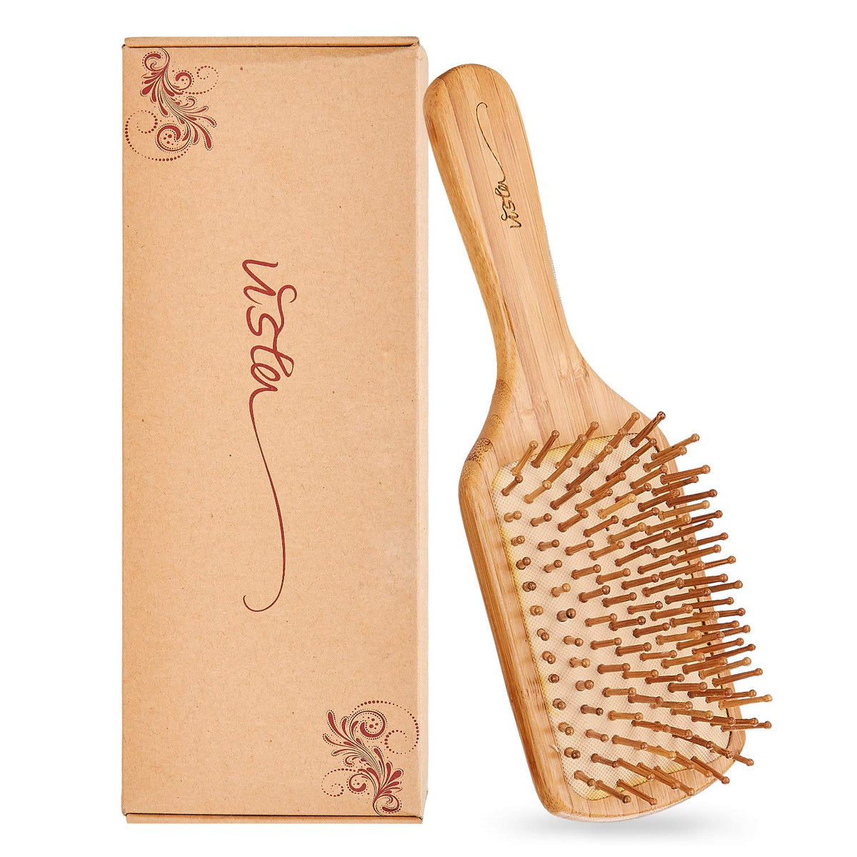 Vista bamboo paddle brush front view showing full face and bristle layout for gentle detangling