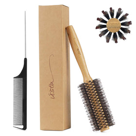Vista round brush front view showing bristle layout and bamboo handle benefit styling control