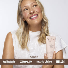VITA LIBERATA on a bathroom counter in lifestyle setting suggesting daily skincare integration