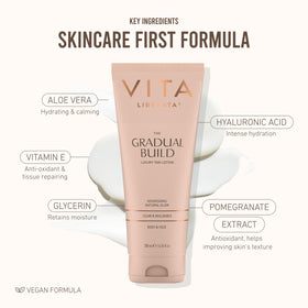 VITA LIBERATA bottle next to a hand for scale indicating compact travel-friendly size