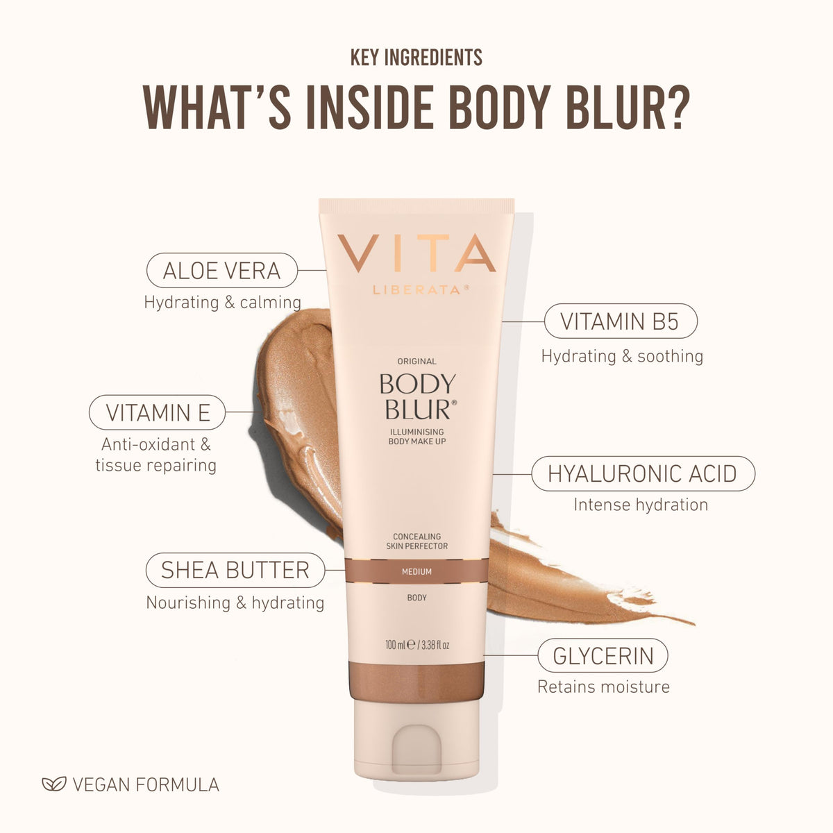 VITA LIBERATA product and natural ingredient flatlay showing nourishing benefits