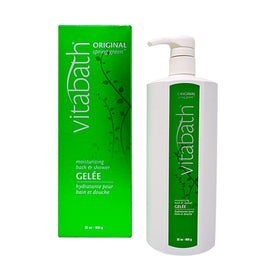 Vitabath bottle front view showing spring green fragrance and easy pump benefit