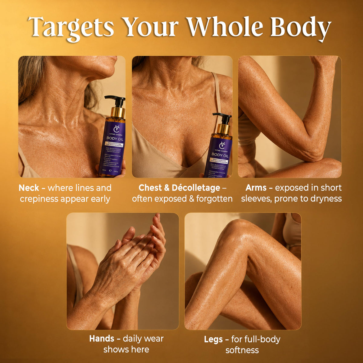 vitae charm massaging oil into neck and chest for firmer-looking skin