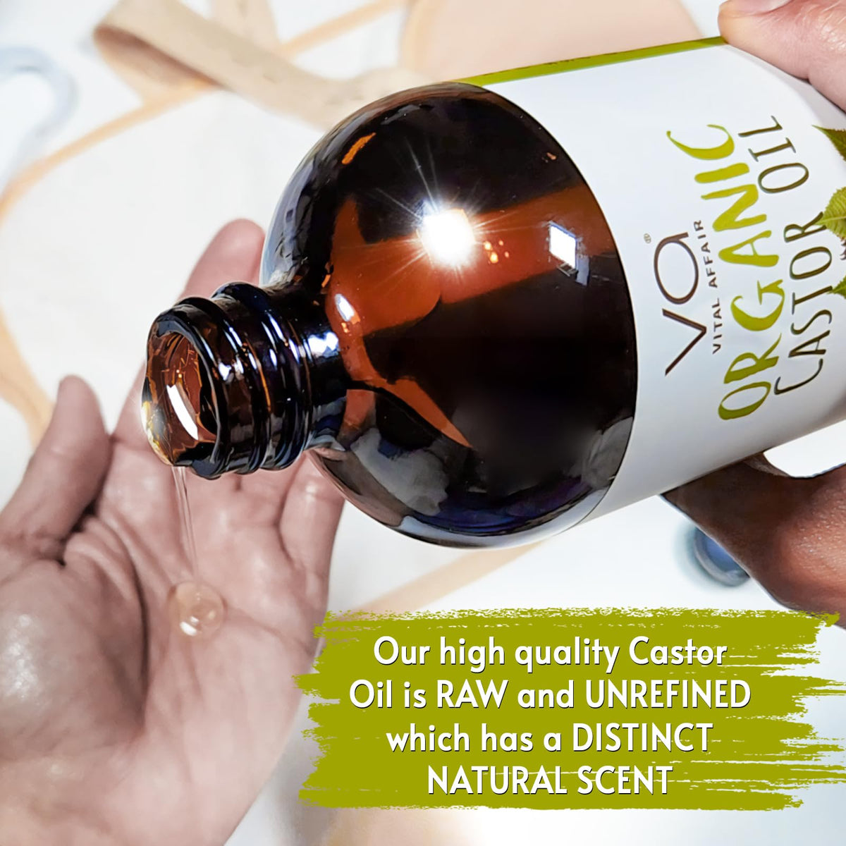 VITAL AFFAIR castor oil pack setup with cloth and bottle showing pack preparation benefit