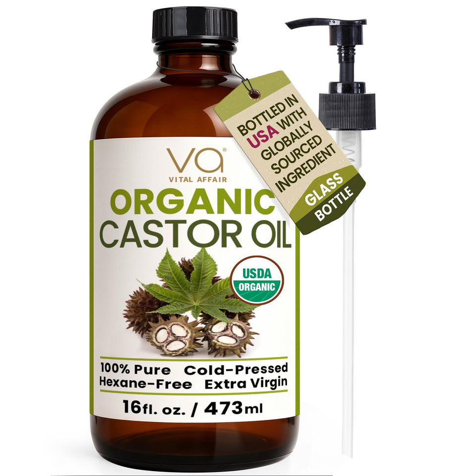 VITAL AFFAIR front bottle view showing organic castor oil and pump for convenient use