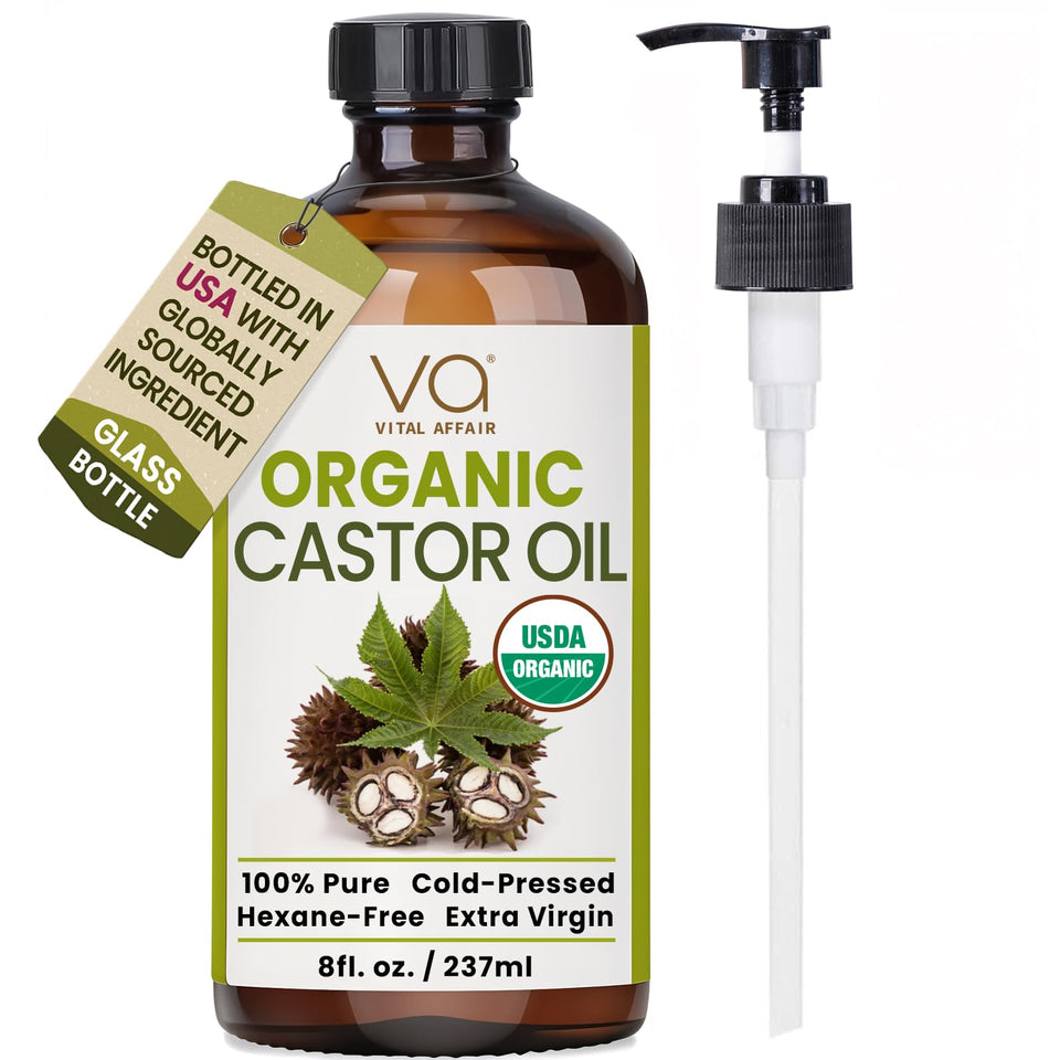 VITAL AFFAIR glass bottle front view showing organic castor oil