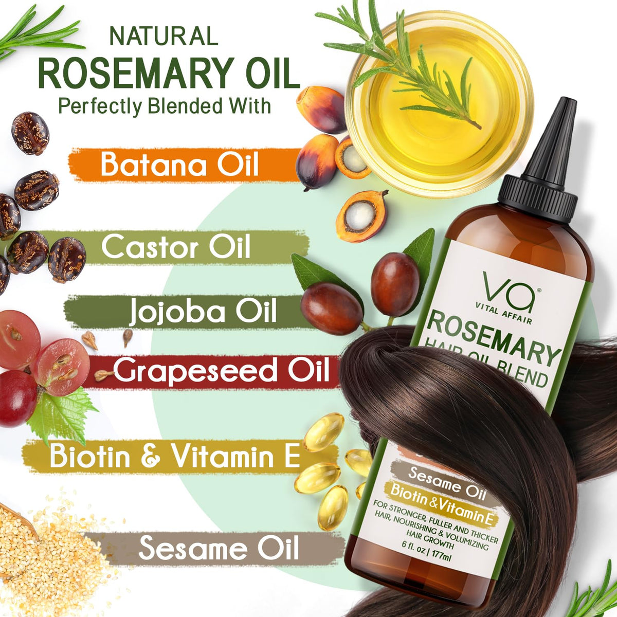 VITAL AFFAIR ingredients flatlay with rosemary, castor, jojoba showing natural blend