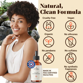 Vital Strands oil on vanity beside towel showing daily routine convenience benefit
