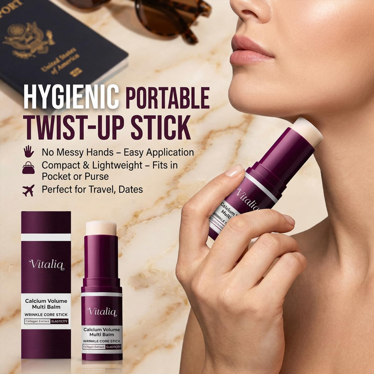 Vitaliq stick held in hand illustrating compact travel-friendly size