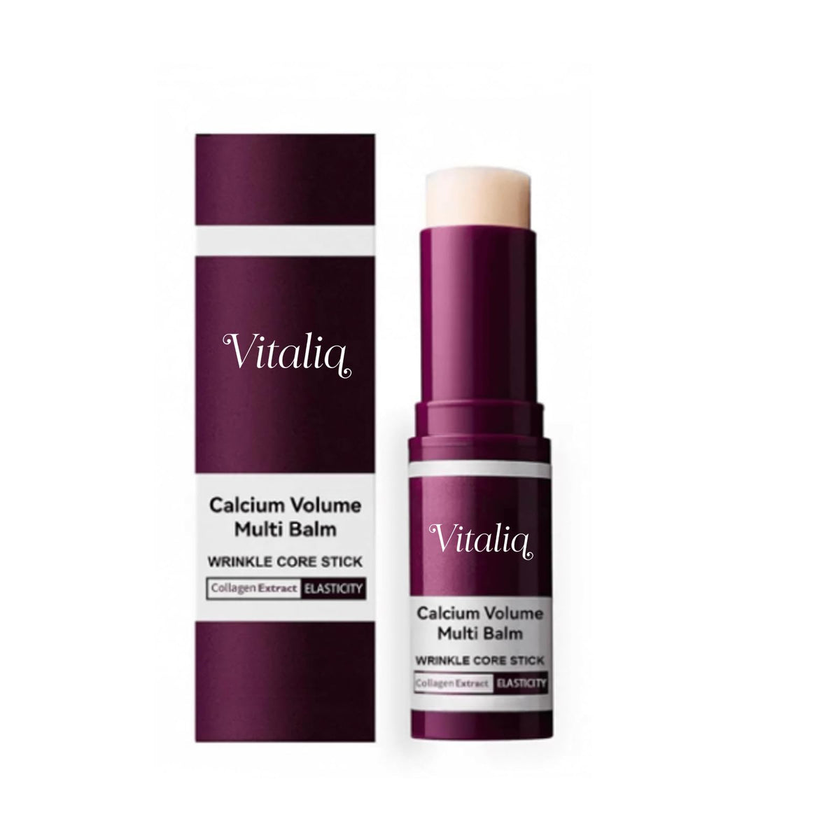 Vitaliq stick beside skincare bag for on-the-go hydration convenience