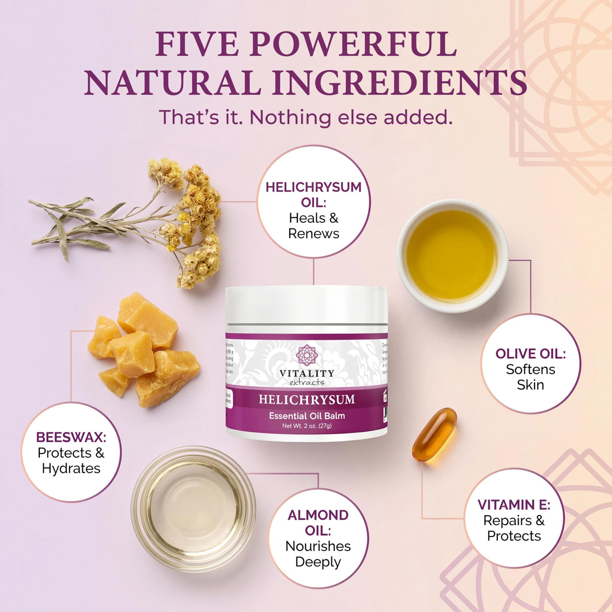 Vitality ingredients arranged: beeswax, almonds, olive oil, Helichrysum for ingredient transparency