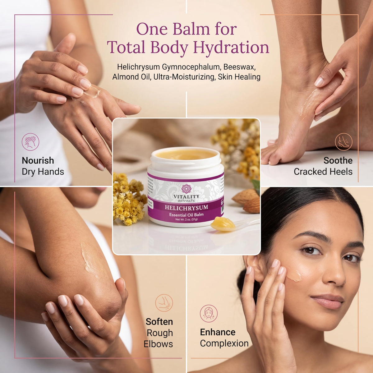 Vitality balm being applied to a hand demonstrating immediate smoothing and hydration benefit