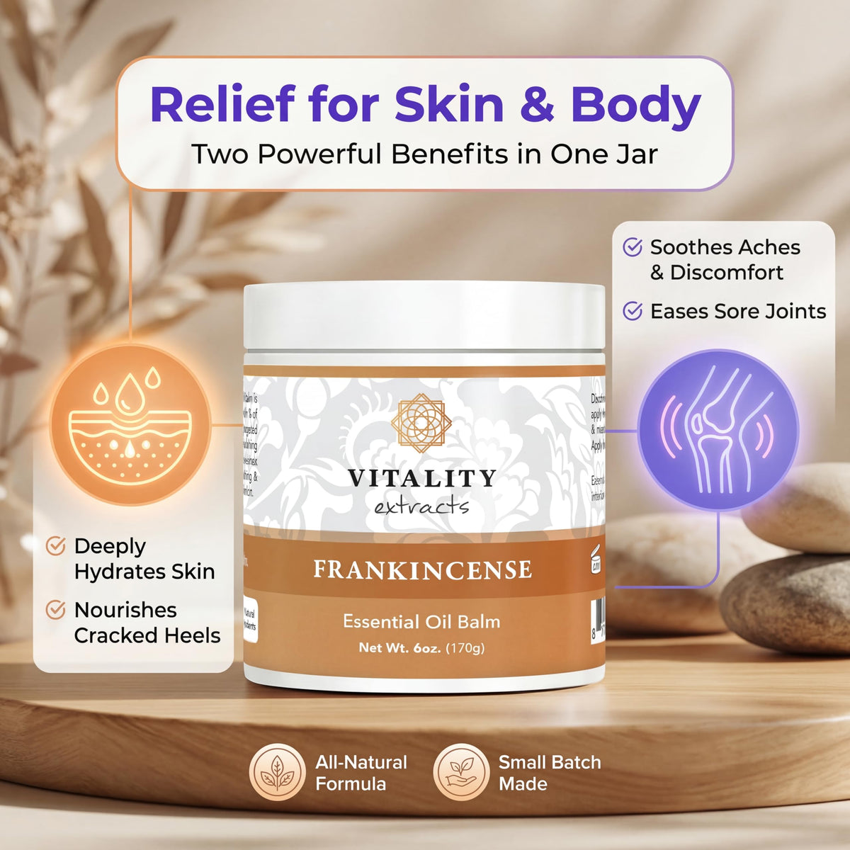 Vitality Extracts balm being applied to hands for dry skin relief and long-lasting moisture