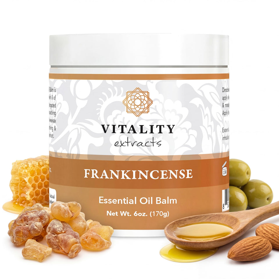 Vitality Extracts jar front view showing product and easy access, nourishes skin