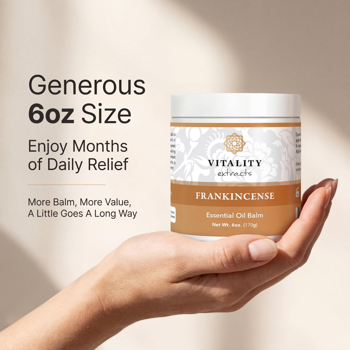 Vitality Extracts ingredient display of olive oil beeswax and frankincense, highlights natural formulation