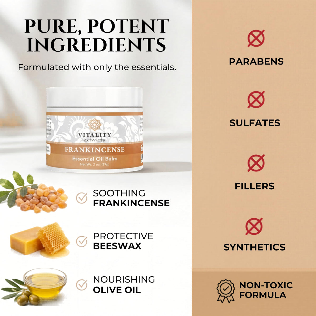 Vitality balm on fingertip demonstrating texture and easy, targeted application