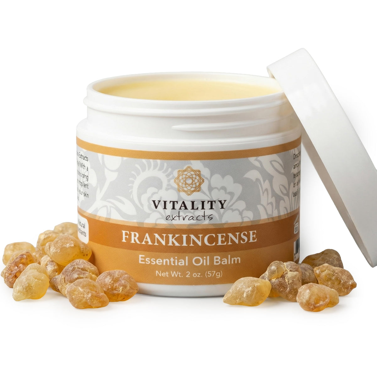 Vitality front tin of frankincense balm showing compact packaging and quick access