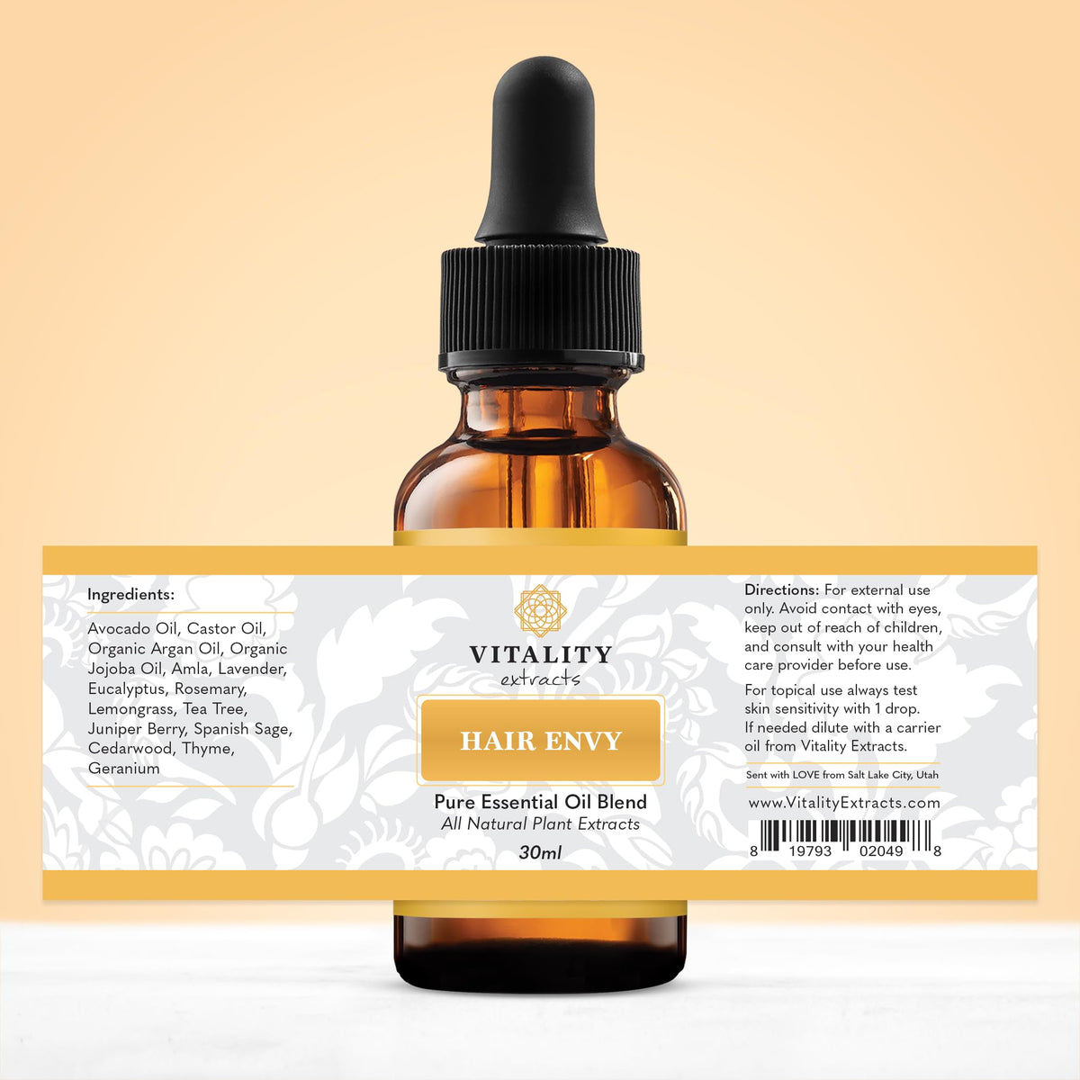 Vitality bottle on vanity conveying daily routine use and aromatherapy