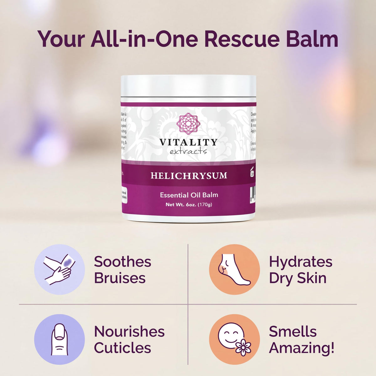 Vitality beeswax and almond oil ingredients arranged to show natural formulation