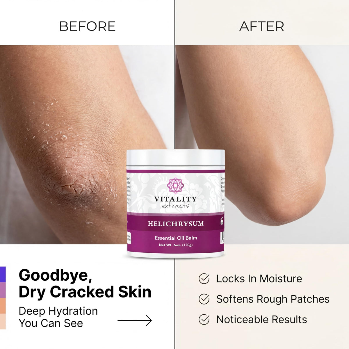 Vitality hand applying balm to knuckles demonstrating quick absorption benefit