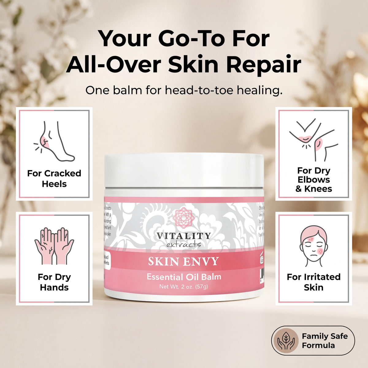Vitality balm smoothed on elbow and knee demonstrating targeted moisture for rough areas