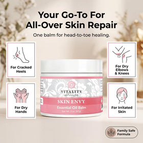 Vitality balm smoothed on elbow and knee demonstrating targeted moisture for rough areas