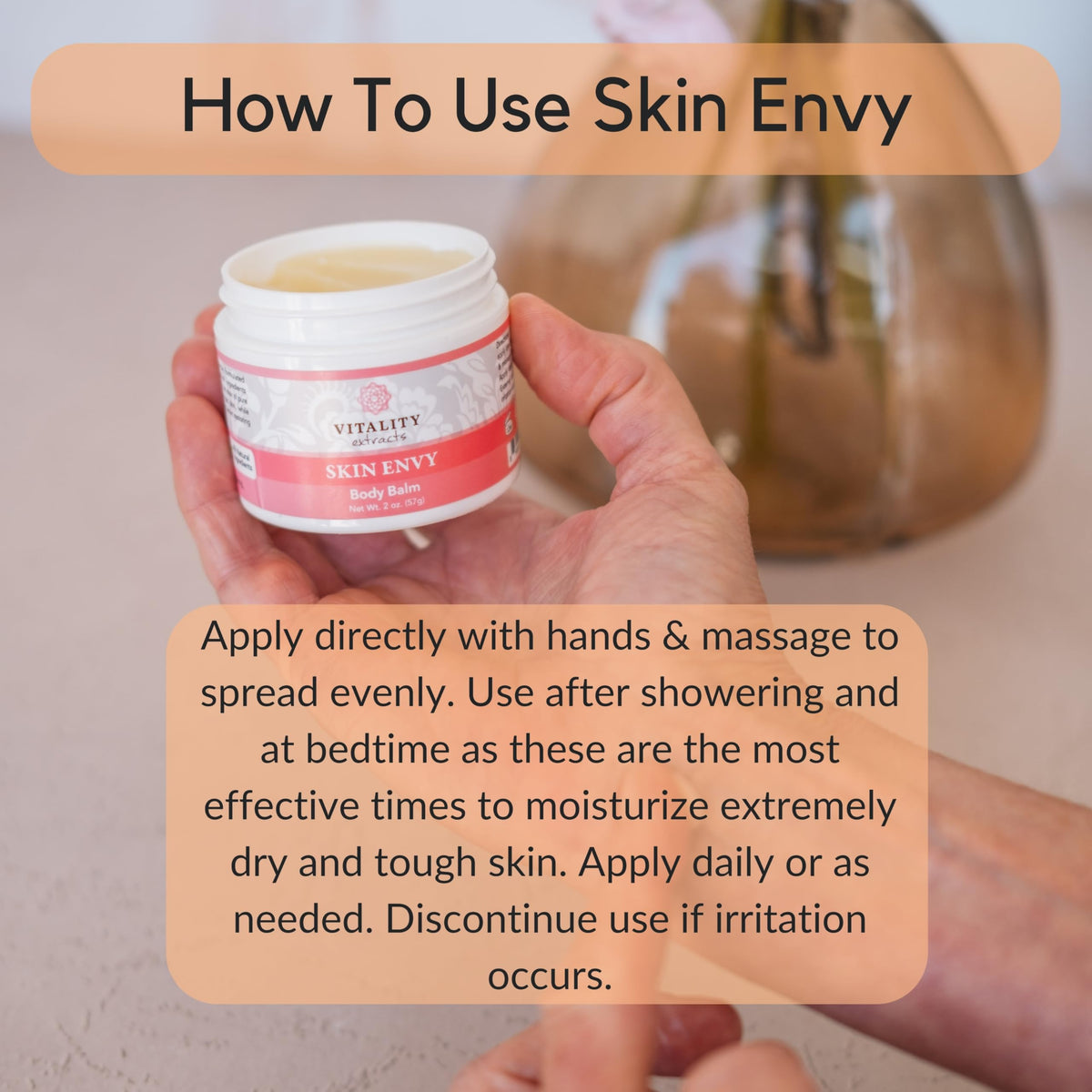 Vitality balm on bathroom vanity in lifestyle scene suggesting daily ritual and calming scent