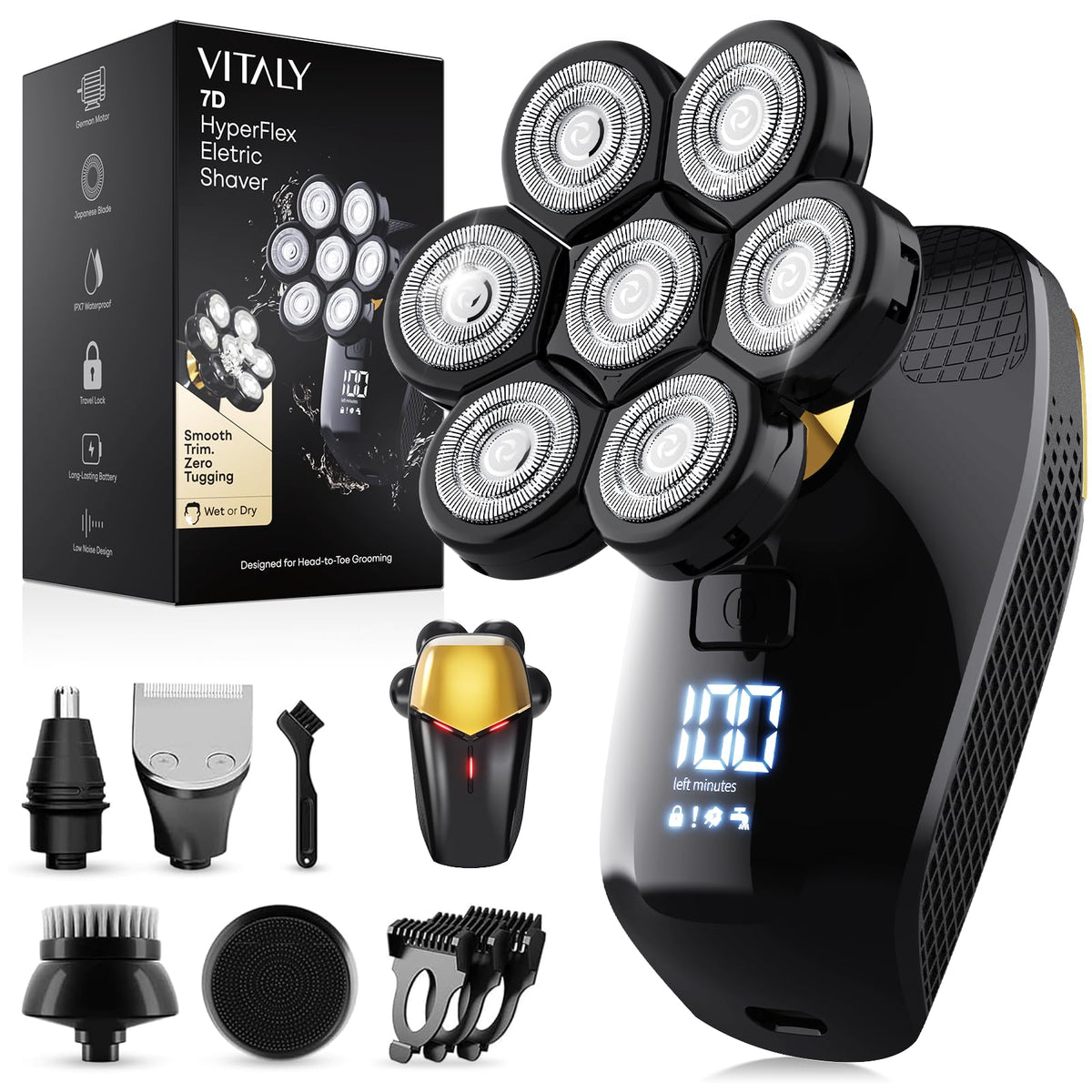 VITALY front view of shaver showing heads and ergonomic grip for comfortable control