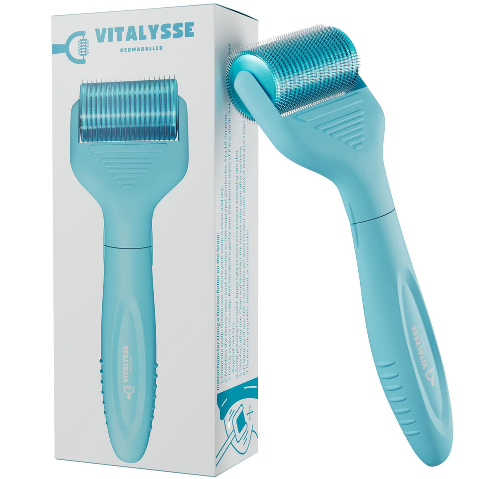 Vitalysse derma roller front view showing ergonomic handle and wide head benefit ease