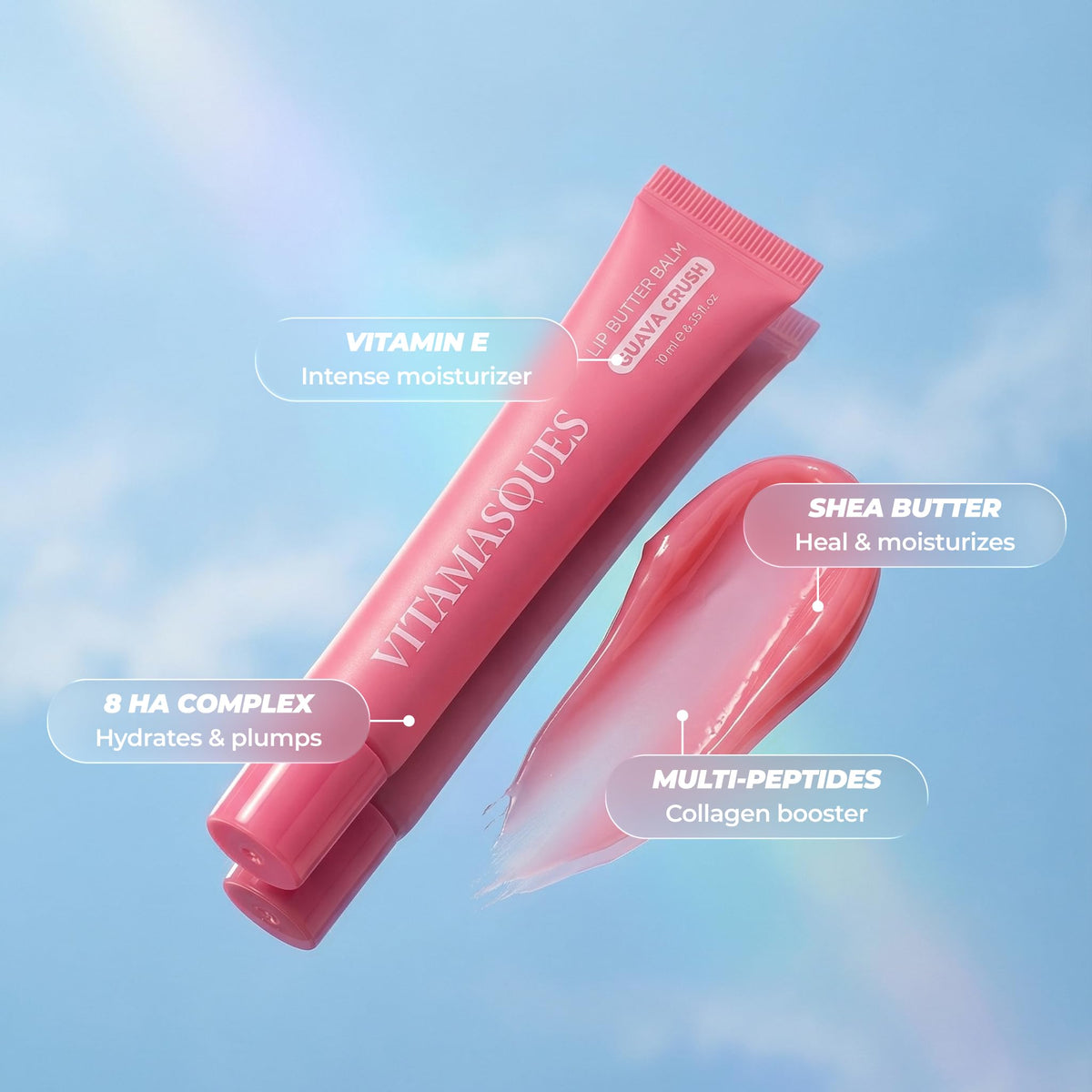 Vitamasques balm applied on lips showing sheer pink tint and smoothness