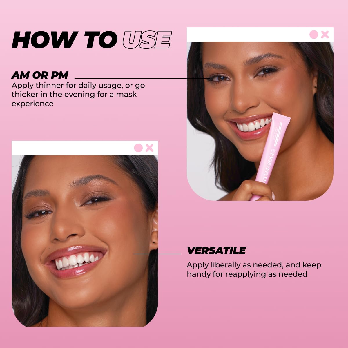 Vitamasques balm applied on lips delivering subtle tint and shine