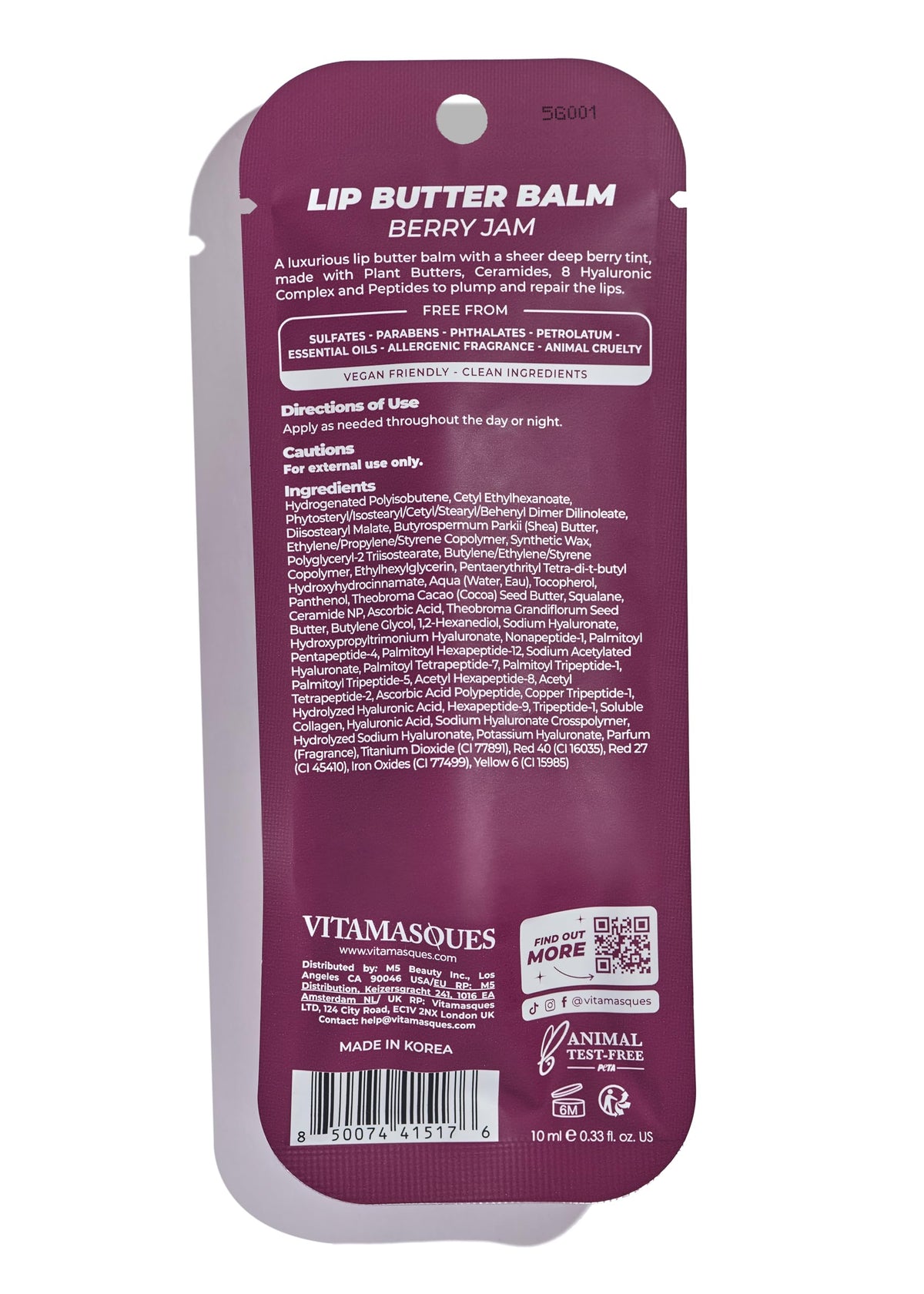 Vitamasques label detail focusing on clean, vegan formula claims