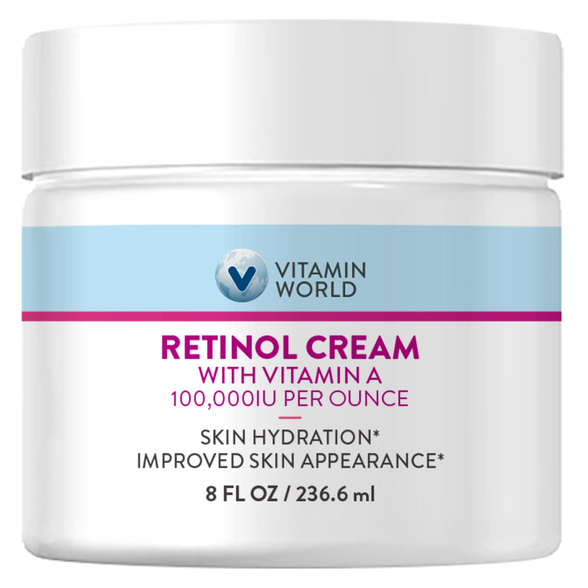 Vitamin World retinol cream front jar showing product and clear branding, useful for recognition