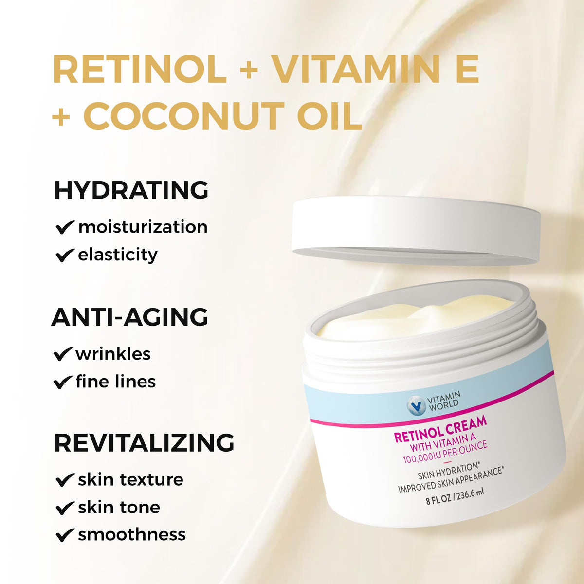 Vitamin World retinol cream on a bathroom shelf at night demonstrating nightly routine suitability