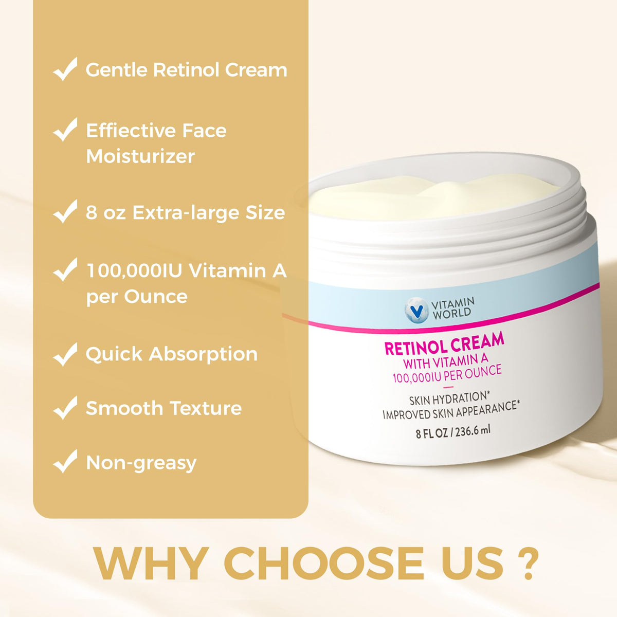 Vitamin World retinol cream size comparison in hand showing 8 oz generous supply and value