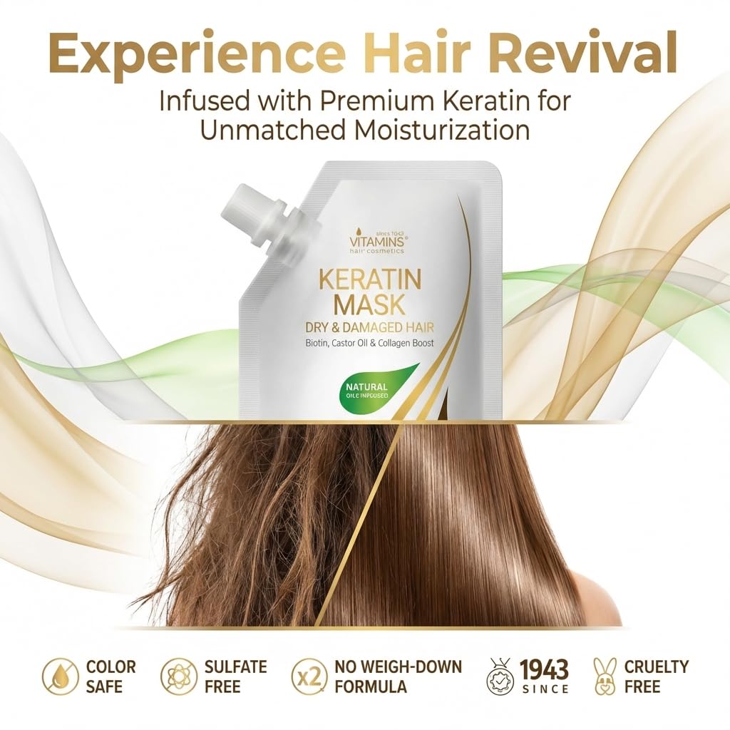 VITAMINS hair cosmetics small scoop of mask on palm demonstrating easy application